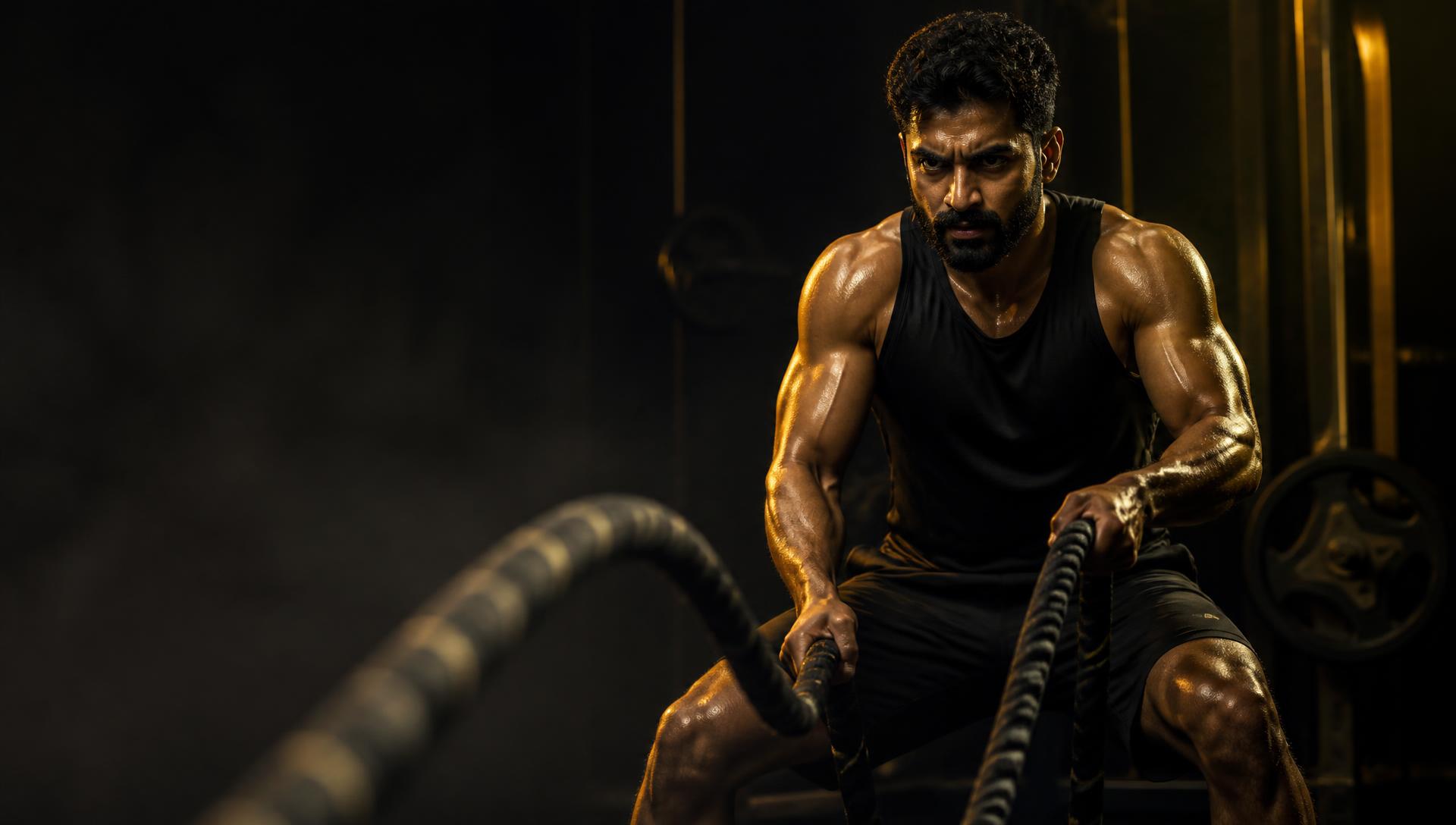 Athlete training with battle ropes in a dark gym under golden light