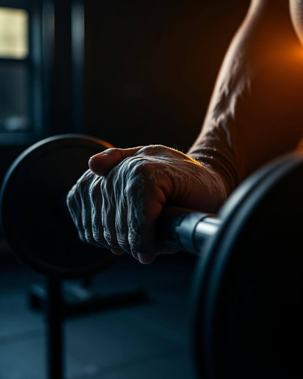 Chalked hands gripping a barbell in a dark gym